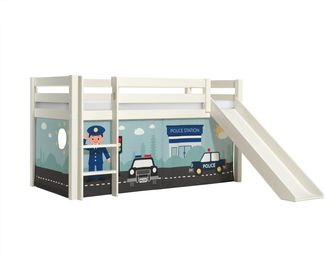 Kinderbett mit Rutsche Karolina Massivholz Weiß Textilset Polizei