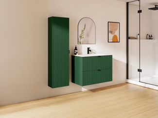 Vente-unique - Waschbeckenunterschrank hängend mit Einbauwaschbecken und Säule - Streifenoptik - Grün matt - 80 cm - ZEVINI