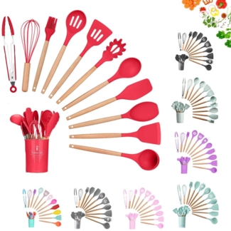 Küchenhelfer Set 12-tlg Silikon, Holzgriff, versch. Farben Rot