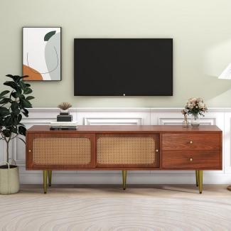 HAUSS SPLOE TV-Schrank TV-Schrank Fernsehtisch TV Board TV- Lowboard (mit Rattan-Schiebetüren und praktischen Schubladen, 1-St, Nussbaum mit dunklem Kunststoff-Rattan, 2 Schubladen) TV-Schrank