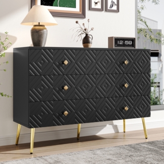 LVHOM Kommode mit 6 Schubladen und goldenen Metallbeine, Schubkastenkommode Sideboard Scandi Aufbewahrungsschrank, TV-Schrank Anrichte, Mehrzweckschrank Schrank, Schwarz