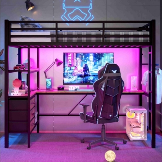 BlingBin Hochbett (1-St, mit LED-Licht, USB, Schreibtisch & Stauraum) 90x200 cm, Schwarz/Weiß, MDF + Metall, Wäscheständer