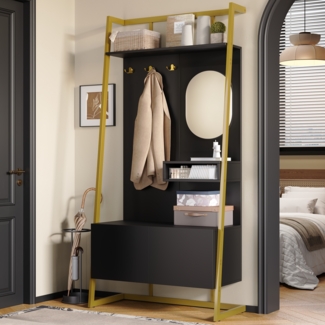 Merax Kompaktgarderobe, offener multifunktionaler Aufbewahrungsschrank mit Spiegel, Metallhaken, Garderobenständer mit Schuhbank, Garderobe, Schuhaufbewahrung, Kleiderständer, Schwarz