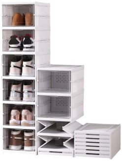 BlingBin Schuhbox 6-stufige Faltbar Schuhschachteln, Stapelbar Schuhe Organisator (1er Set, 1 St, 6 Ebenen Maße (LxBxH): 25,5 x 34,5 x 105 cm), Aufbewahrung Organisierer Ordnungssystem, Schuhaufoewahrung mit Tür