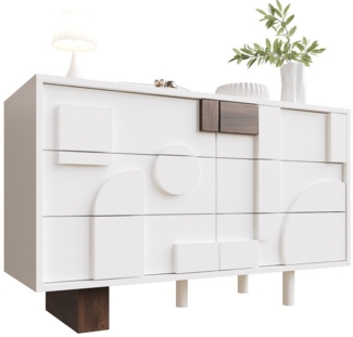 HAUSS SPOLE Sideboard mit geometrisch gestalteten Türen, ohne Griffe für Esszimmer, weiß (Modernes Sideboard weiß mit Push-to-Pop-Schubladen – Grifflose Türen, geometrisches Design, Massivholzbeine, ideal für Wohnzimmer & Esszimmer, 120*40*75CM), mit P...