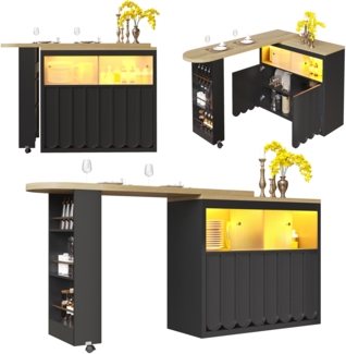 Sideboard 135-205 x 39 x 100 cm, ausziehbar mit Rollen, LED-Beleuchtung, USB & Glasfront, schwarz