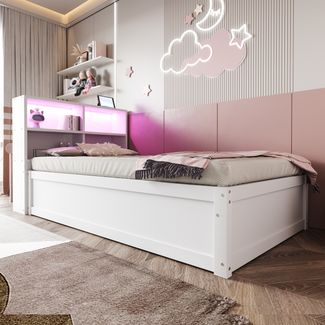 Bett 90x200 cm aus Massivholz mit Stauraum und LED-Beleuchtung