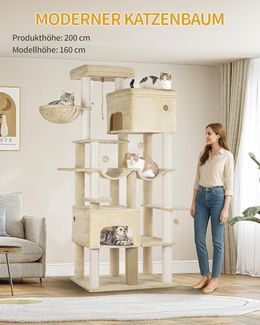 Kratzbaum, 200cm XXL Kratzbaum mit 10 Kratzsäulen, 2 Höhlen, 2 Hängematten, große Plattform, Katzenbürsten, Korb,Schwerer Katzenbaum für Maine Coon, große Katzen, Beige