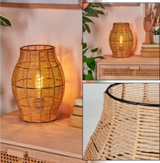 hofstein Tischleuchte Tischlampe aus Metall/Bast in Schwarz/Naturfarben, ohne Leuchtmittel, Tischleuchte im Boho-Design, Lichteffekt, Schalter am Kabel, 30cm, E27
