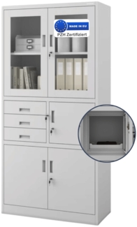 Vitrinenschrank abschließbar GEDO - mit Tresor & Schubladen| Büroschrank aus Stahl Aktenschrank mit Glasfenster Metallschrank Mehrzweckschrank, 185x90x40cm Grau