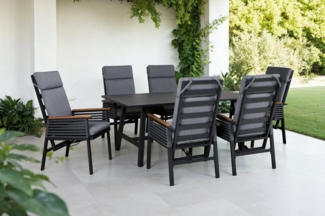 KONIFERA Garten-Essgruppe Edessa Komfort, (Set, 13-tlg, 6x Stuhl mit Rückenverstellung, 1x Tisch 180x97x74 cm, inkl. Auflagen), Tischplatte aus Alu-Lamellen,Armlehne mit Seilgeflecht&Noonwood-Latten