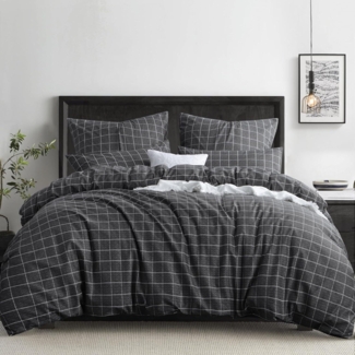 Bettwäsche 200x200 3tlg Anthrazit Gitter Muster Mikrofaser Reißverschluss