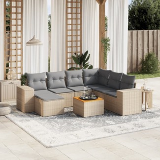 vidaXL 8-tlg. Garten-Sofagarnitur mit Kissen Beige Poly Rattan 3257893
