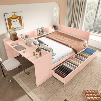 STILVORA Kinderbett 140×200 mit schreibtisch und Stauraum,Schlafsofa Bett ohne matratze (mit Schreibtisch, 2 Schubladen und Regalen, Holzbett mit Stauraum, für Kinderzimmer & kleine Apartments 140x200 cm), ohne Matratze