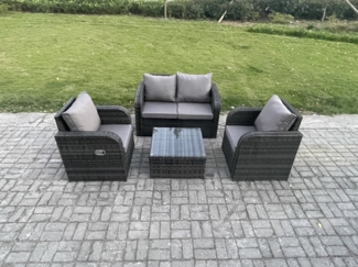 Fimous Wicker PE Rattan Gartenmöbel Set Outdoor Lounge Sofa Set mit Liebe Sofa Quadratischer Couchtisch Dunkelgrau Gemischt