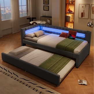 Flieks Daybett, LED Polsterbett 90x200 cm mit Ausziehbett 90x190 cm und Ladefunkion