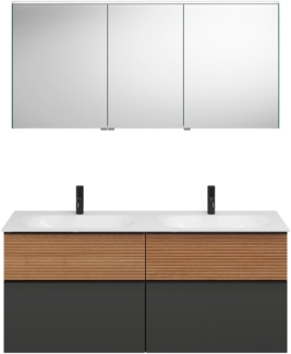 Burgbad FIUMO Waschtisch Set mit Spiegelschrank 142 cm breit, Braun/Anthrazit, Doppelwaschbecken Gussmarmor Weiß, 4 Schubladen, Anschlag rechts