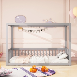 Bett 90x200 cm aus Massivholz, bodengleich mit Himmelrahmen – sicheres Kinderbett in Grau