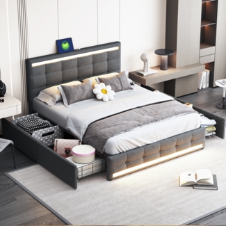 Polsterbett 140x200 cm LED Beleuchtung mit USB & Stauraum, modernes Doppelbett mit Leinenstoff Grau
