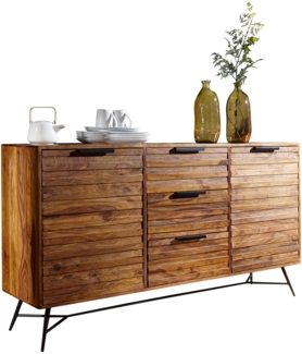 Design Sideboard NISHAN 160 x 40 x 88 cm Sheesham Massiv Holz, Kommode mit Türen & Schubladen, Massive Anrichte Industrial, Massivholz Schrank mit Metallbeinen