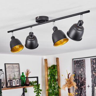 »Manzinello« moderne Deckenlampe aus Metall in Schwarz/Goldfarben m. verstellbaren Strahlern, Leuchte im Retro/Vintage-Design mit Lichteffekt, 4-flammig, 4 x E14 max. 40 Watt, LED geeignet