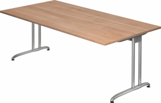bümö Schreibtisch groß, Serie 200x100 cm, Tischplatte aus Holz in Nussbaum, Gestell aus Metall in Silber - PC Tisch, großer Computertisch für's Büro, Office Bürotisch, BS-2E-N