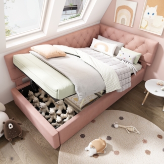 Merax Polsterbett Kinderbett Daybett 90x200cm Schlafsofa mit hydraulischem Stauraum, Rosa