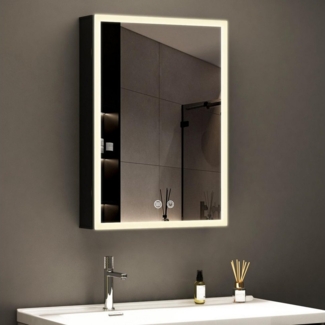WDWRITTI Spiegelschrank mit steckdose Spiegelschrank klein 40x60cm 3Lichtmodi Dimmbar Anti-fog (Aluminum Schrank Wandschrank Schwarz, Speicherfunktion, Alu-Schranktür, Doppelseitiger Spiegel) Full Surround Light Strip, mit Netzadapter