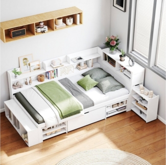 HAUSS SPOLE Holzbett 90x200cm mit Schubladen, Bücherregal, Stauschrank mit Matratze, weiß