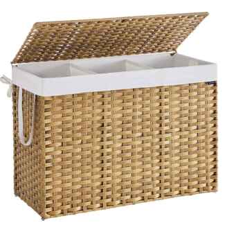 SONGMICS Wäschekorb 3 Fächern, Wäschesammler 200 L, Wäschebox aus synthetischem Rattan, mit Deckel und Griffen, geflochten, faltbar, herausnehmbarer Wäschesack, naturfarben LCBDE320Y01