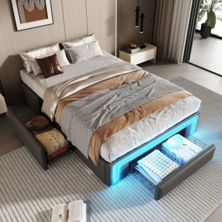 Ulife Polsterbett ohne Kopfteil, mit LED-Lichtleiste und Schubladen, PU-Leder Bett (Ohne Akku), Modernes Plattformbett, Ideal für Schlafzimmer & Gästezimmer