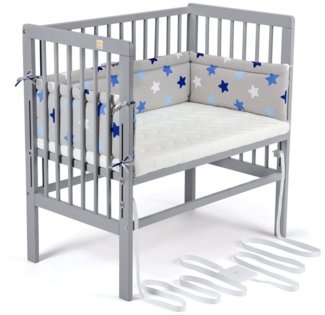 FabiMax 4852 'BOXSPRING' Beistellbett grau, inkl. Matratze 'AIR' und Nestchen 'Sterne' blau auf grau