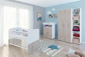 nonjoo Hanna Set 5: best. aus Babybett, Kommode, Wickelaufsatz, Wandboard, Regal mit 6 Fächern und Kleiderschrank 2-trg.