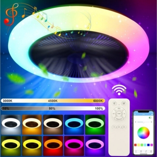 oyajia Deckenleuchte 50W RGB LED Deckenleuchte mit Bluetooth Lautsprecher, Deckenventilator, Luftzirkulationsfunktion, LED fest integriert, RGB Farbwechsel (3000~6500K), Dimmbar LED Deckenventilator Leuchte,für Schlafzimmer Küche Hotel