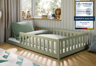 Kids Collective Kinderbett Bodenbett Bett mit Rausfallschutz & Lattenrost Montessori Bett Kinder (Jungen, Mädchen, Kinder, weitere Größen 80x160, 80x180, 90x190, 90x200, 140x200 cm), Jugendbett Einzelbett mit Matratze Olivgrün Kiefer 120x200 cm