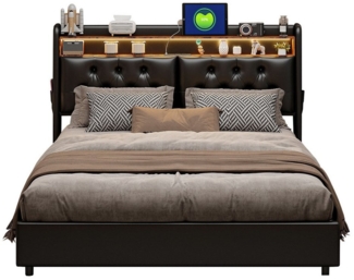 FUROKOY Polsterbett LED Licht Hydraulisches Stauraumbett Kunstleder Doppelbett, 180x200cm mit Ladefunktion und Komforthöhe,Schwarz