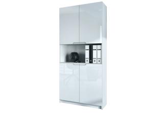 Vladon Büroschrank Logan V2, Aktenschrank mit 5 Fächern und 4 Türen, Weiß matt/Weiß Hochglanz (82 x 184 x 37 cm)