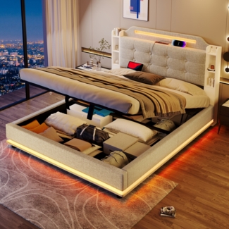 Merax Polsterbett, Doppelbett 140*200cm , Mit LED-Lichtleiste, hydraulischer Stauraum, mehrere Ablagefächer, ohne Matratze, USB + TYPE-C, Leinen, Beige