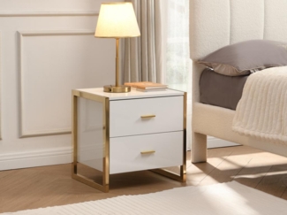 Vente-unique - Nachttisch mit 2 Schubladen - MDF - Weiß lackiert & Goldfarben - OMBRELIA von Pascal Morabito