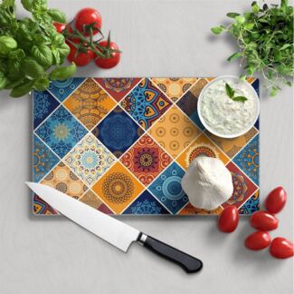 DEQORI Schneidebrett 'Viereckiges Fliesendekor', Glas, Platte Frühstücksbrett Schneideplatte
