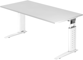bümö höhenverstellbarer Schreibtisch U-Serie 160x80 weiß, Gestell in weiß - PC Tisch für's Büro manuell höhenverstellbar, Computertisch verstellbar, US-16-W-W