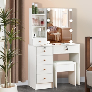 Schminktisch mit LED-Licht, Hocker, 6 Schubladen, Kosmetiktisch