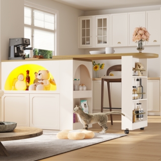 Sideboard 135-205 x 39 x 100 cm, ausziehbar, MDF mit LED-App, USB-Anschluss und Rollen,Weiß