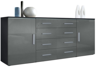 Vladon Sideboard Faro V2, Kommode mit 2 Türen und 4 Schubladen, Schwarz matt/Grau Hochglanz (166 x 72 x 35 cm)