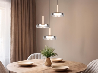TRIO Leuchten LED Pendelleuchte CELESTE dimmbare LED Hängelampe aus Metall Glas & Holz, 7,5W 750 Lumen, Dimmfunktion, LED fest integriert, Warmweiß, 3-flammig einfach höhenverstellbar von 50-200 cm 3-Stufen Dimmfunktion