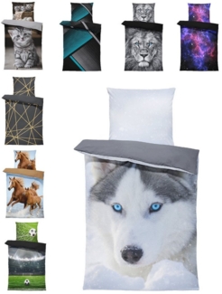 One Home Bettwäsche Fotodruck, Mikrofaser, 4 teilig, Husky Schnee Hunde Tiere, Knitterfrei Weich für Sommer und Winter