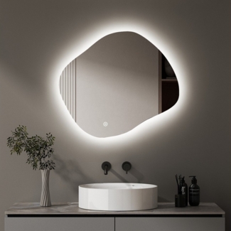 WDWRITTI Wandspiegel mit beleuchtung Badspiegel LED Touch Modern Dreifarbiges Dimmbar (LED Spiegel Bad Schminkspiegel Dekospiegel, Wolke, Wassertropfen, Stein), LED Multifunktionspiegel, Asymmetrisch Spiegel