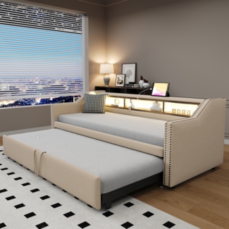Merax Polsterbett Ausziehbares Schlafsofa 90/180 x 190 cm, Multifunktionales Staufach, LED-Licht und USB-Buchse, mit Lattenrost, Beige