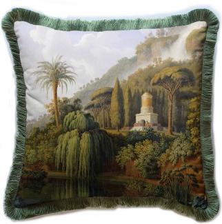 Casa Padrino Luxus Deko Kissen Landschaft Mehrfarbig / Grün 45 x 45 cm - Bedrucktes Samt Kissen mit Fransen - Luxus Deko Accessoires