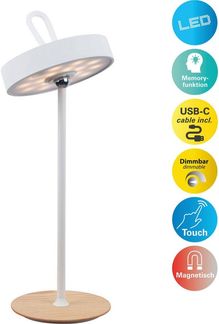 my home LED Tischleuchte Charmont mit Holzfuß, abnehmbares Kopfteil als Hängeleuchte verwendbar, Dimmfunktion, LED fest integriert, Warmweiß, aufladbar, inkl Akku + USB Kabel, Kopfteil magnetisch, abnehmbar, Holz